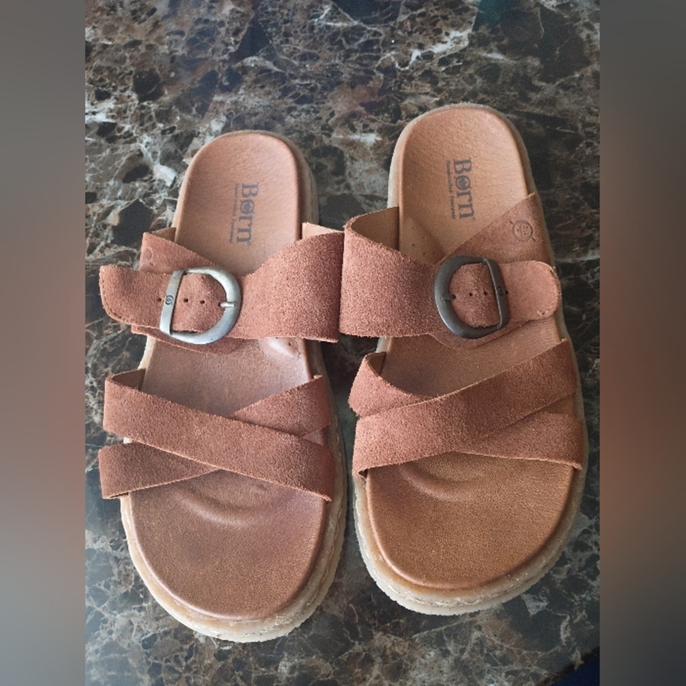 Born Suede Buckle Slide Sandals - Tan